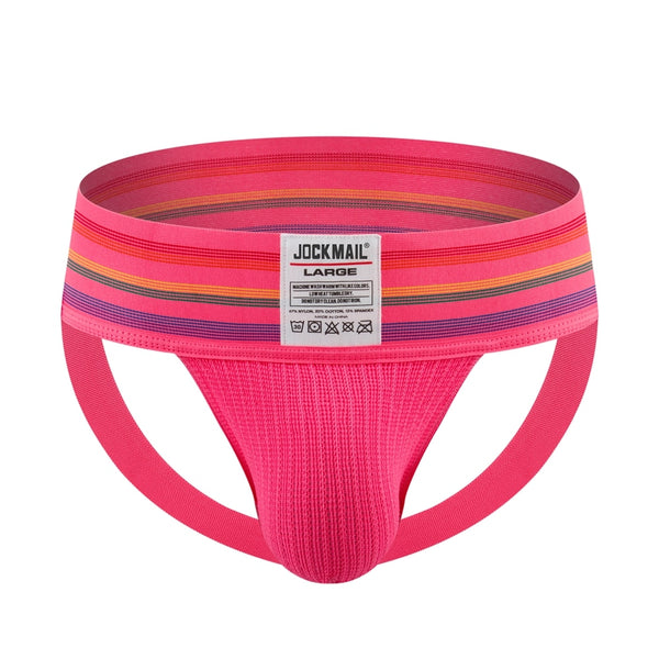 Front-facing pink jockstrap with a wide multicolored striped waistband and pouch