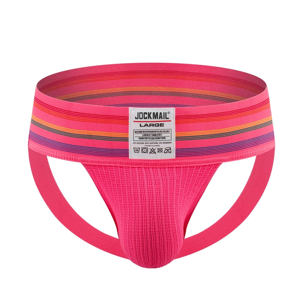 Front-facing pink jockstrap with a wide multicolored striped waistband and pouch