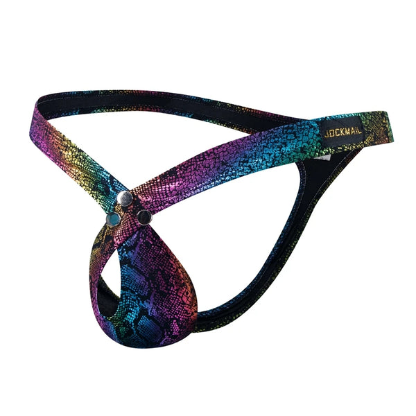 Flat-lay rainbow snake-print thong bikini with three studs and a pouch