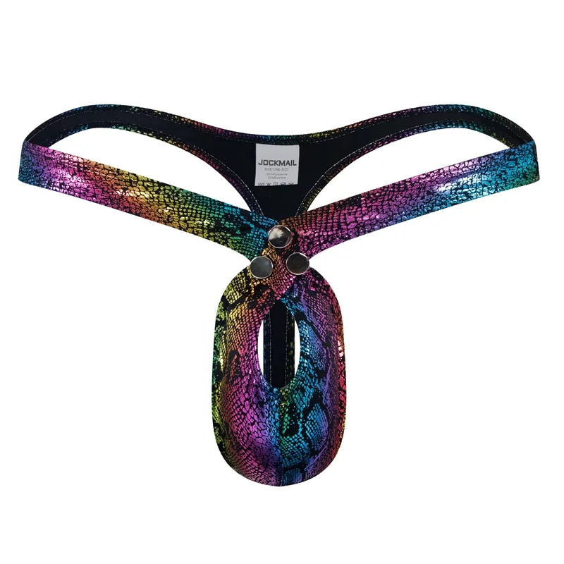 Front-facing rainbow snake-print jockstrap thong with an open pouch and three metal snaps