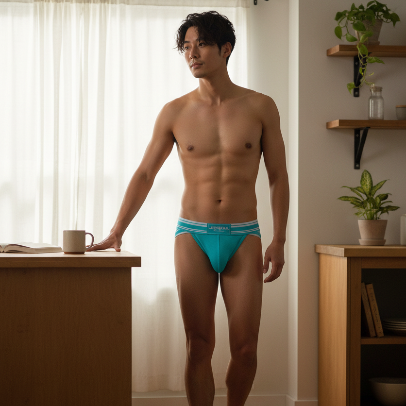 A person with short dark hair wears Jockmail Summer Pop Briefs in a bright kitchen