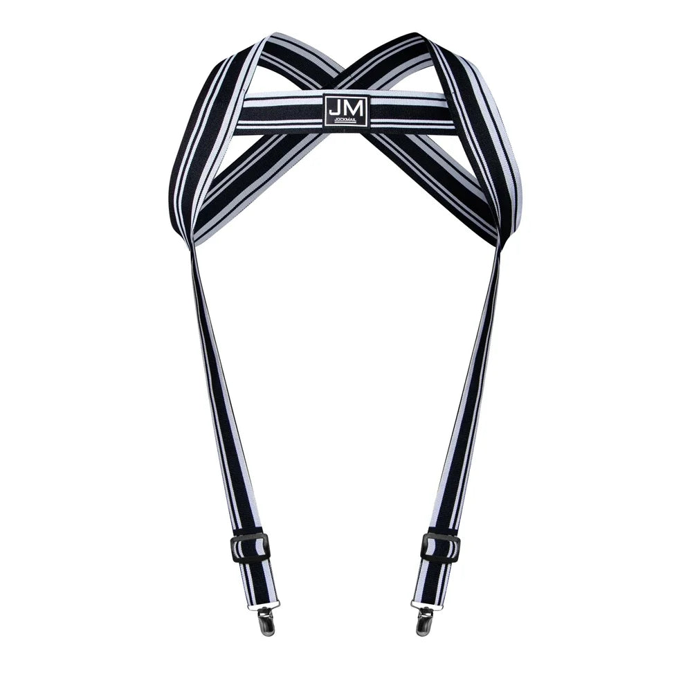 Front-facing black-and-white striped suspender harness with adjustable straps and metal clips