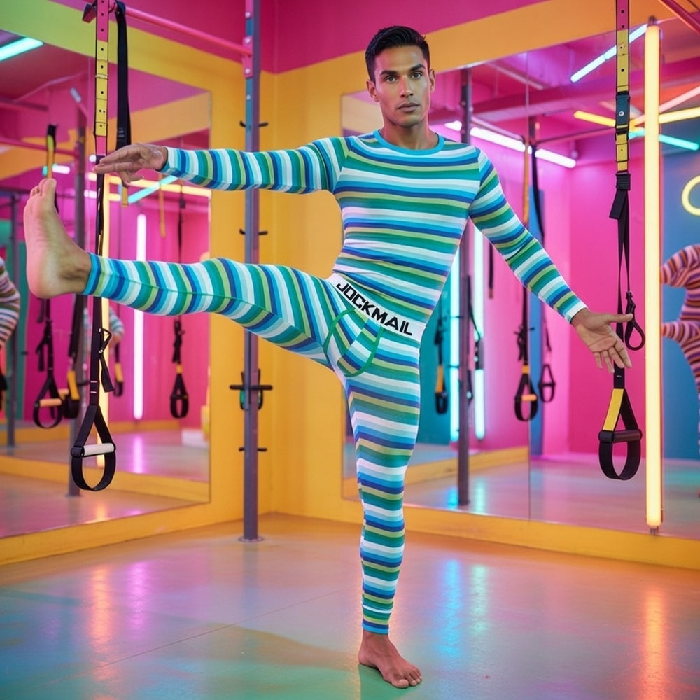 Person in colorful striped bodysuit and "JOCKMAIL" Thermal Long Johns balances on one leg in neon gym