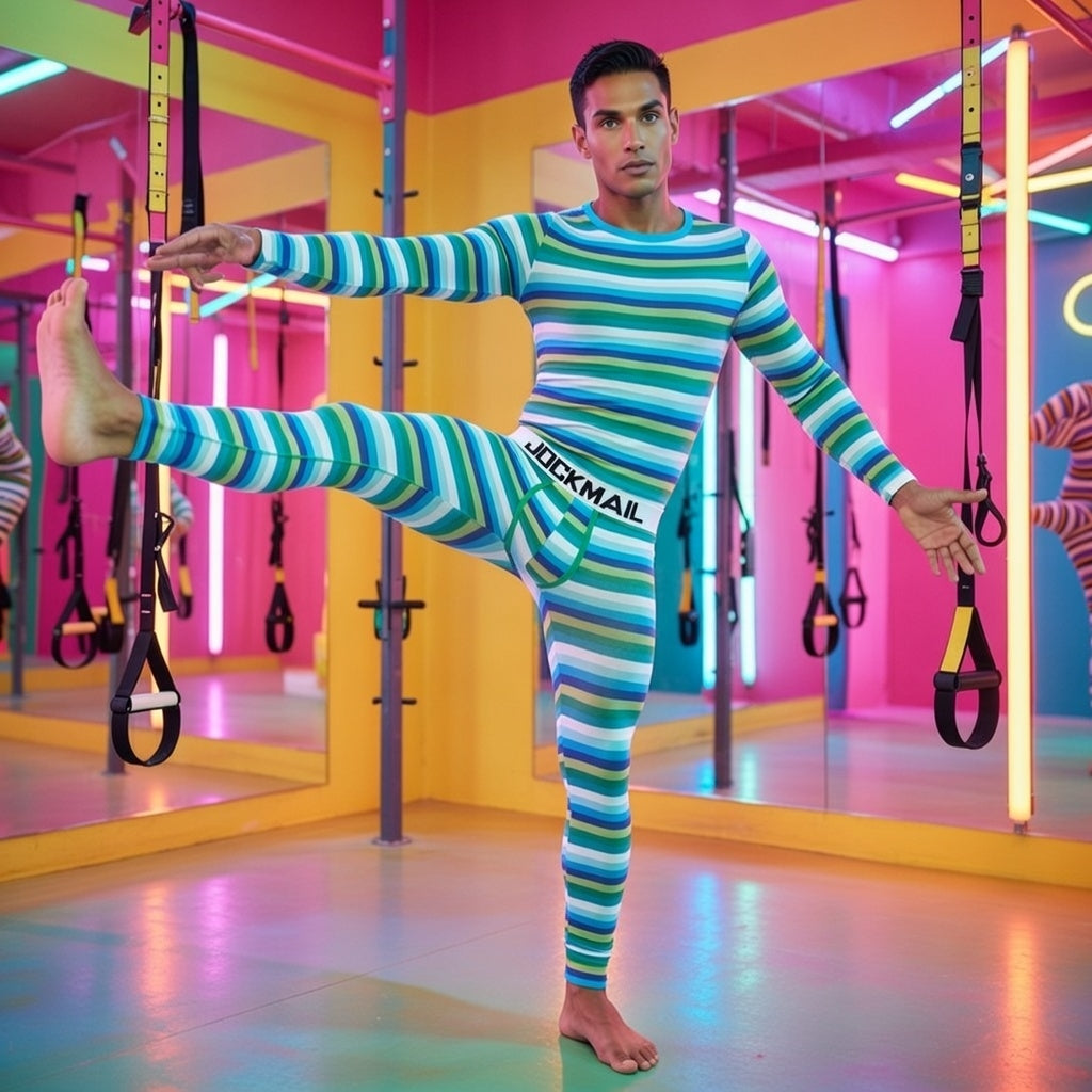 Person in colorful striped bodysuit and "JOCKMAIL" Thermal Long Johns balances on one leg in neon gym