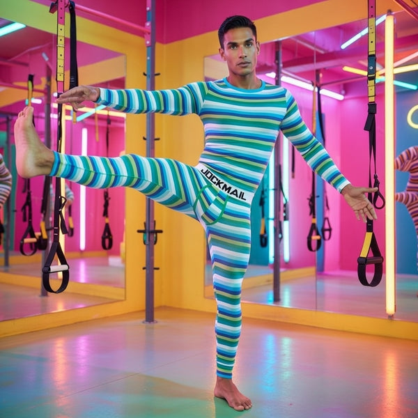 Person in colorful striped bodysuit and 