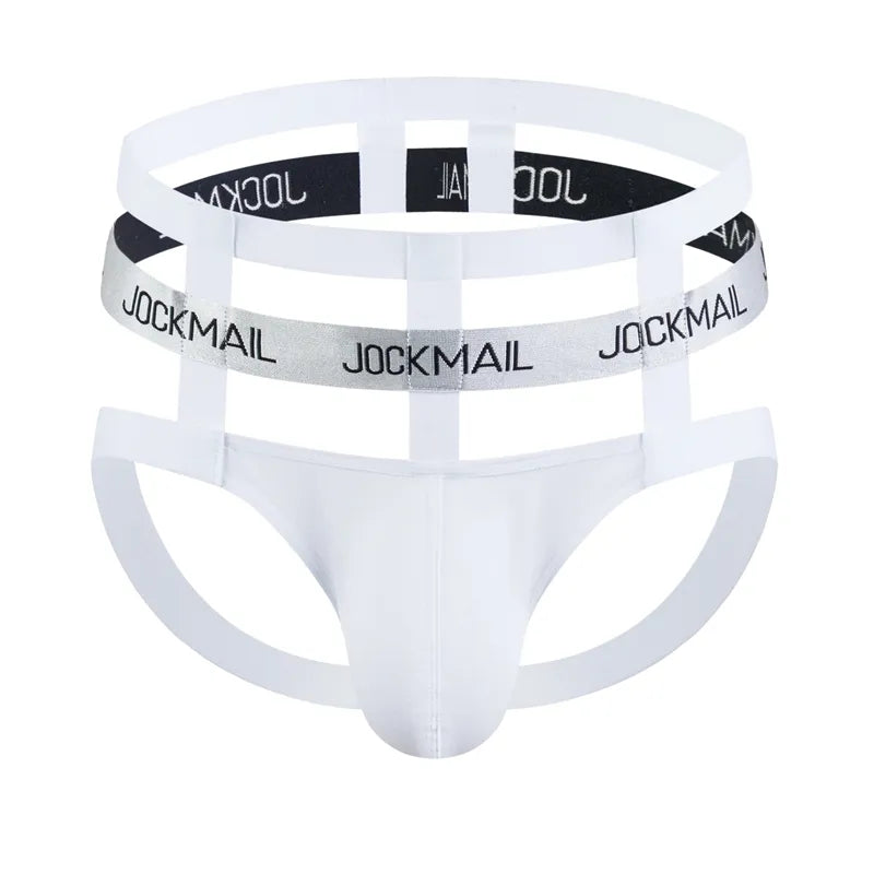 Front view of a white men's thong with open sides and a JOCKMAIL logo waistband