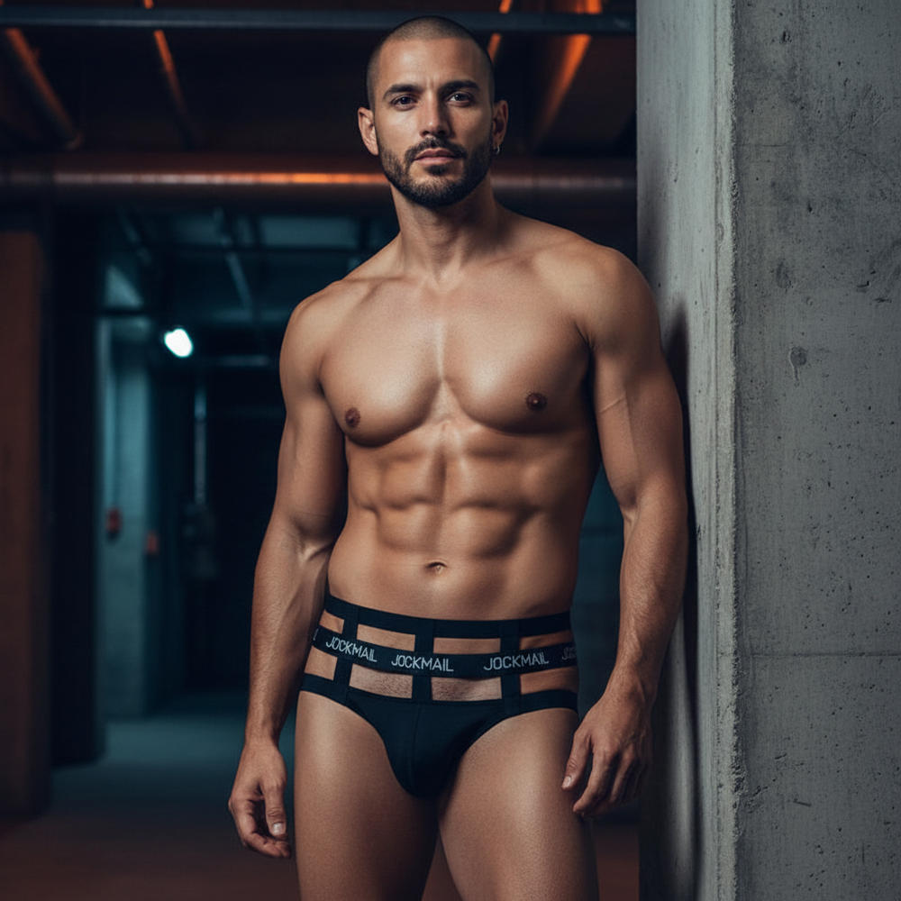 A confident, shirtless person with a shaved head shows off their muscular body in black Jockmail Low Waist Thong
