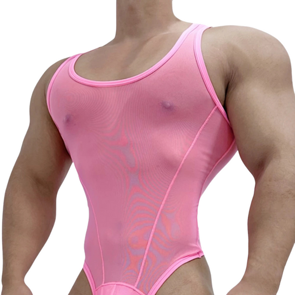 Model wearing a pink sheer mesh bodysuit with scoop neck and thong bottom