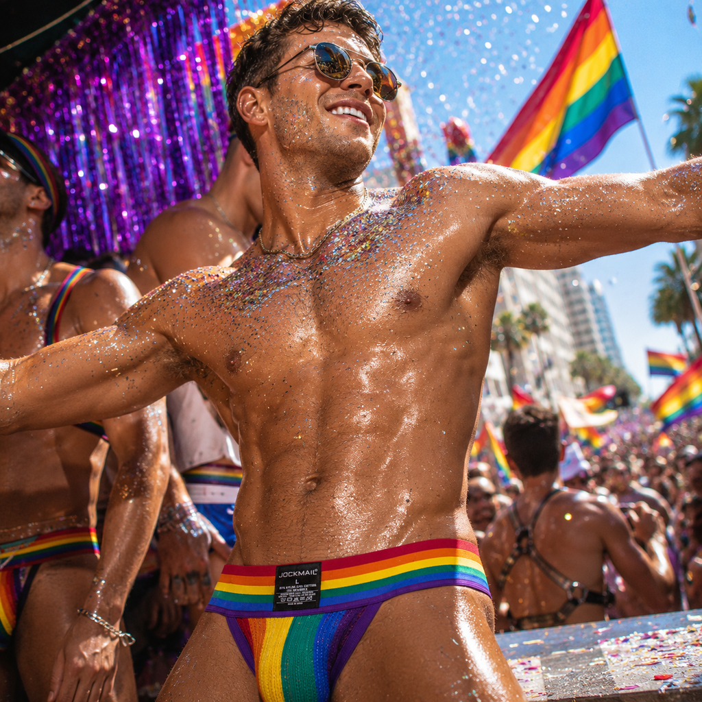 Front view of a shirtless person wearing a rainbow-band jockstrap at a Pride parade