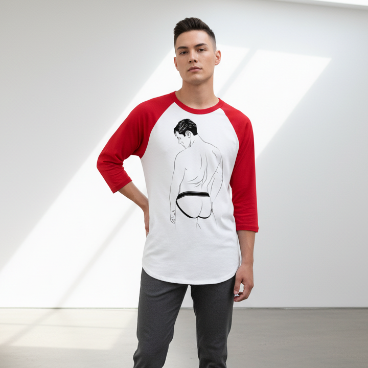 Jockstrap 3/4 sleeve raglan shirt in white with red sleeves, bold line art of a person in undies