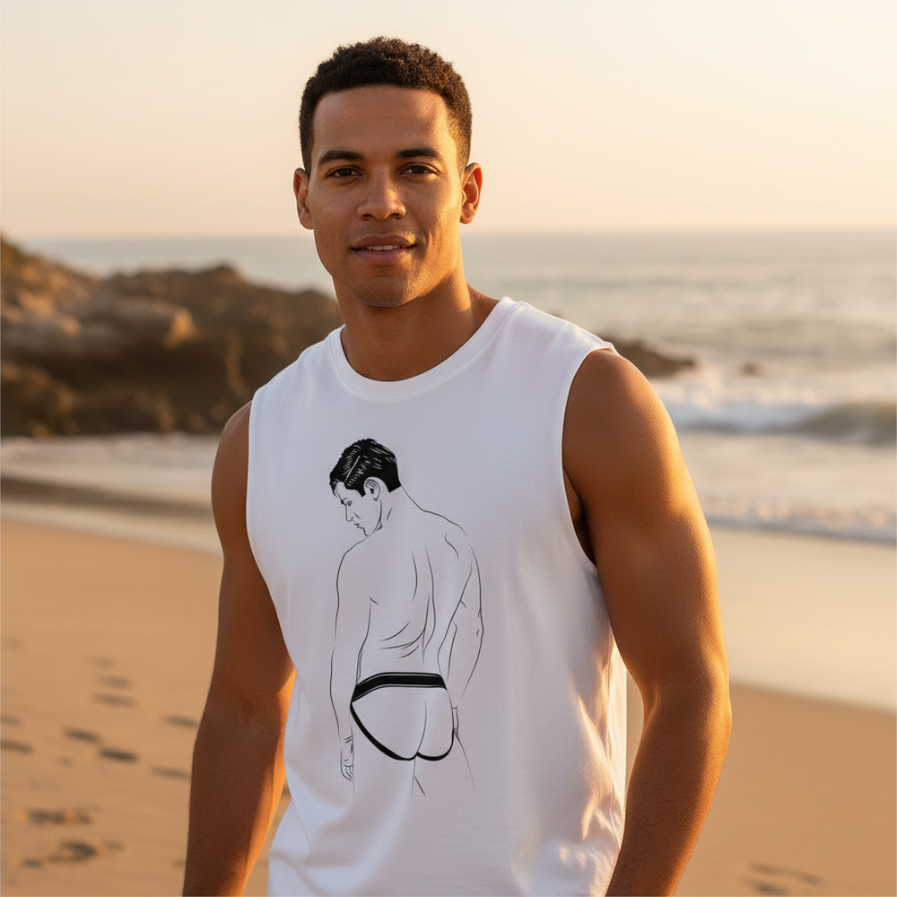 Jockstrap Muscle Top with minimalist line art of a person in swimwear, worn by a young guy on a sunset beach