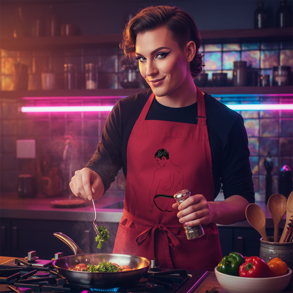 Person cooking in a red apron with a black jockstrap illustration, seasoning a pan