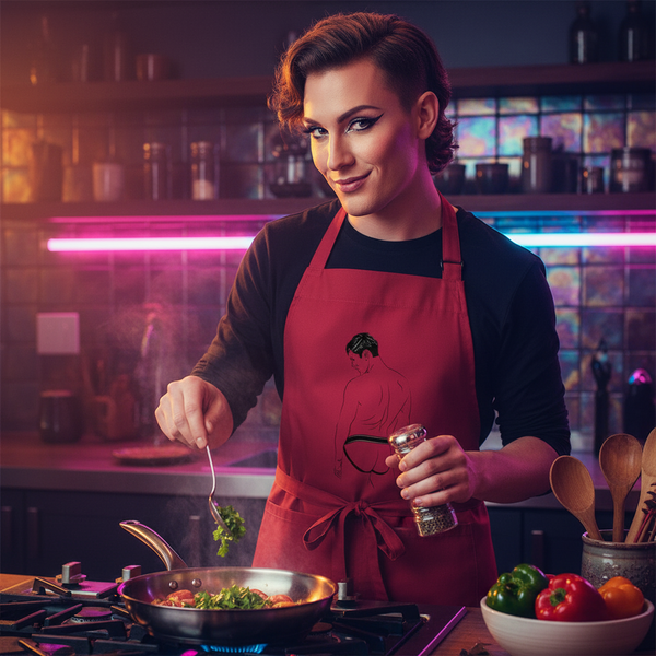 Person cooking in a red apron with a black jockstrap illustration, seasoning a pan