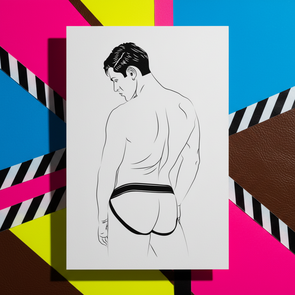 Jockstrap Postcard shows a black and white outline of a person in a jockstrap from behind on bold, vibrant diagonal stripes