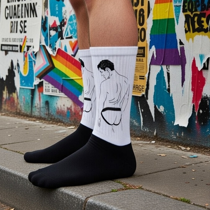Crew-length Jockstrap Socks with a bold back-view illustration of a muscly person in briefs, black shoes, rainbow flags