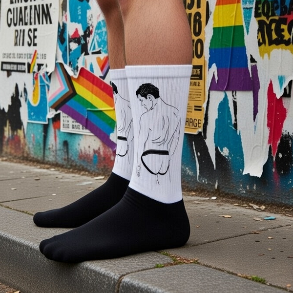 Crew-length Jockstrap Socks with a bold back-view illustration of a muscly person in briefs, black shoes, rainbow flags
