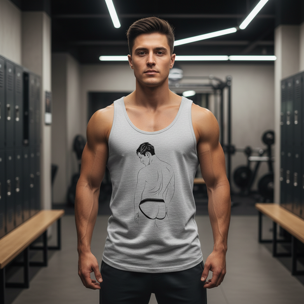 Jockstrap Unisex Tank Top with a line art of a man in underwear, channeling queer vibes in a bright gym locker room.