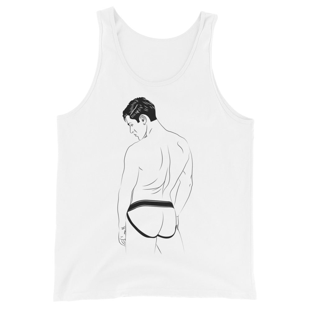 Unisex white tank top for pride featuring bold black line art of a muscular man in briefs, back view, dark hair, queer style.