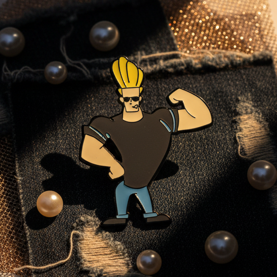 Close-up of a Johnny Bravo enamel pin on black distressed fabric with decorative beads
