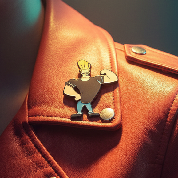 Johnny Bravo enamel pin displayed on a reddish-brown leather wallet