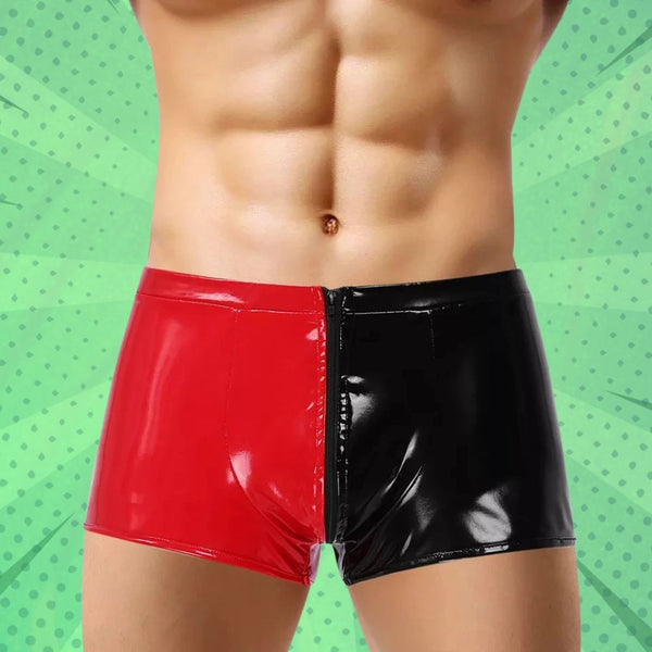 Front view of a model wearing glossy red-and-black split wet-look boxer underwear