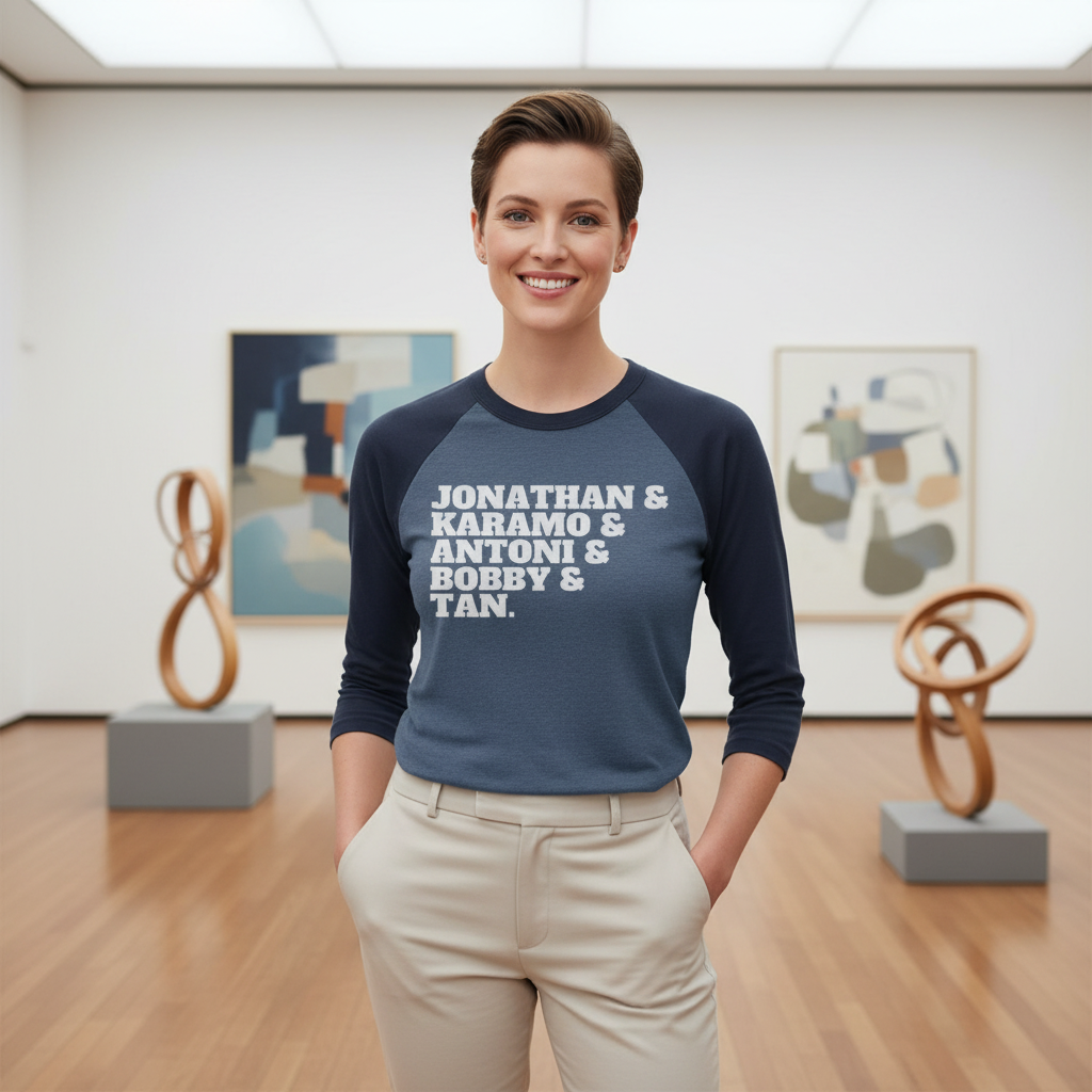 3/4 sleeve raglan shirt reading "Jonathan & Karamo & Antoni & Bobby & Tan" worn by a smiling