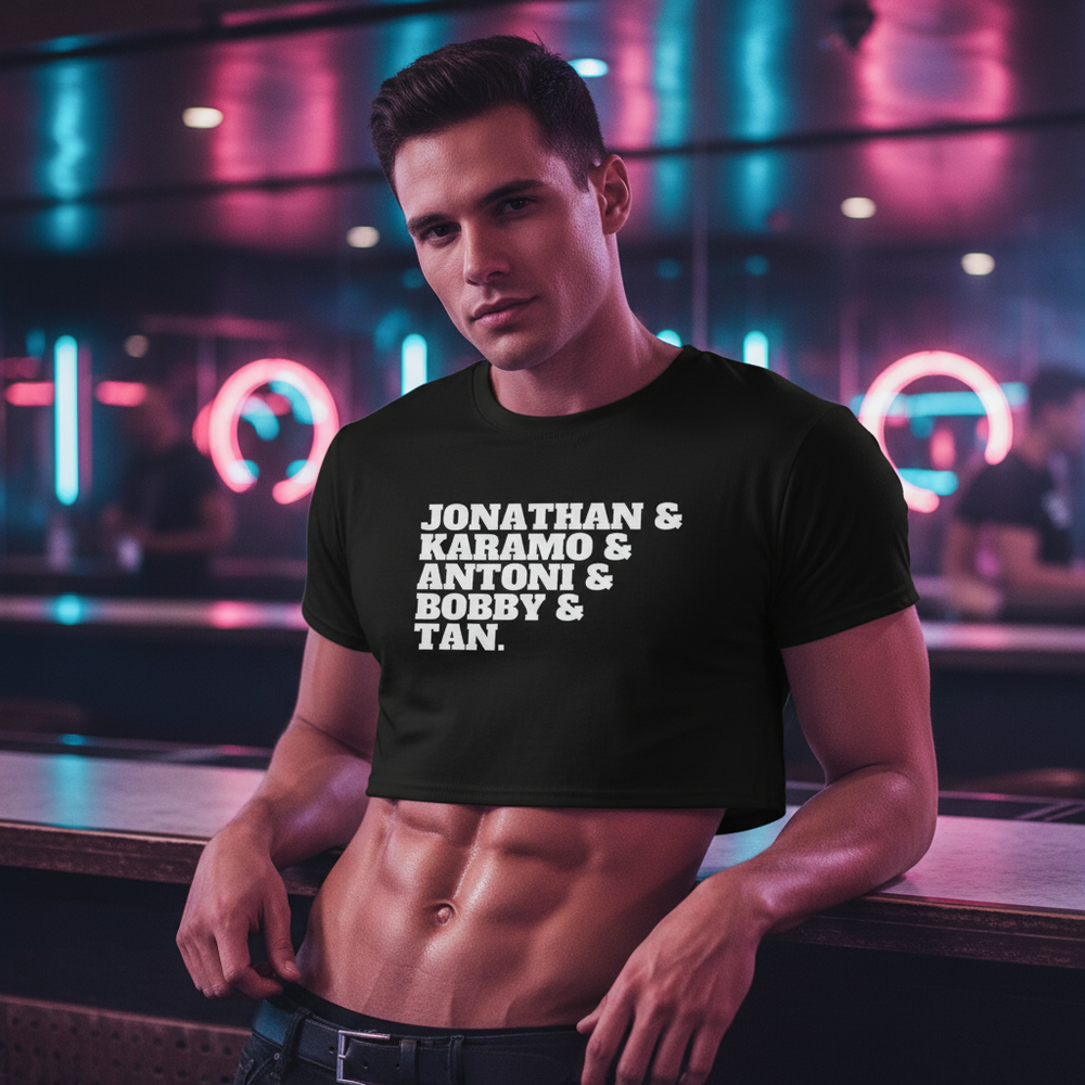 Crop top reading "Jonathan & Karamo & Antoni & Bobby & Tan" shines at a neon-lit queer bar; fit person flaunts abs