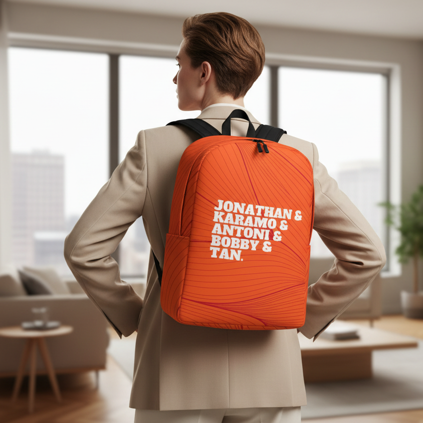 Minimalist backpack with bold white “Jonathan & Karamo & Antoni & Bobby & Tan” text, worn over a beige suit