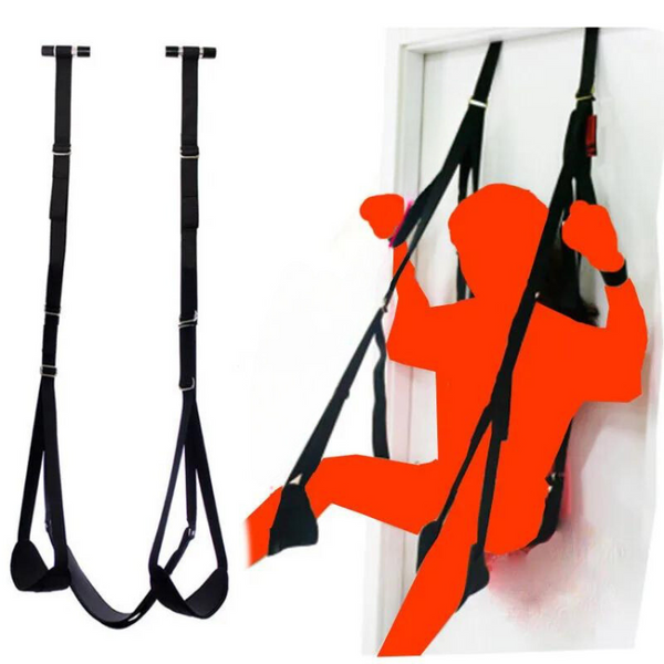Black door-mounted sex swing harness shown alone and supporting a seated user