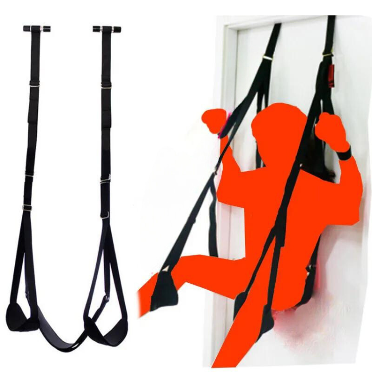 Black door-mounted sex swing harness shown alone and supporting a seated user