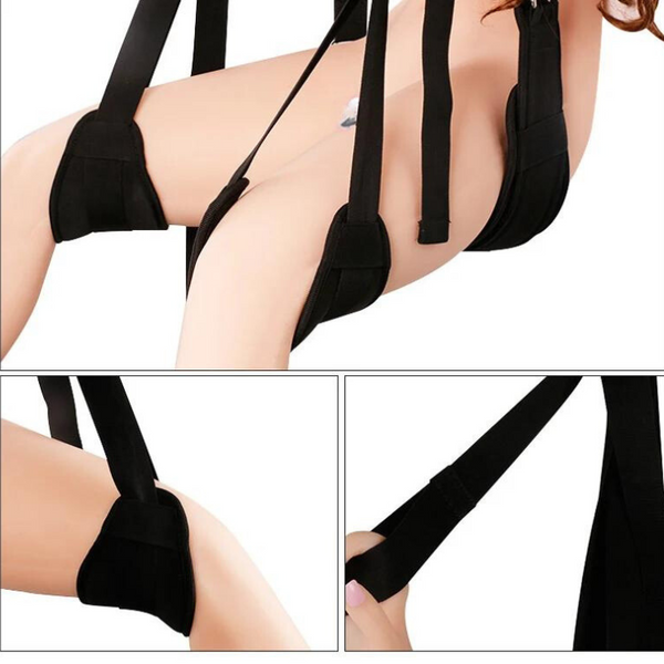 Black door-jam sex swing shown supporting a model, with close-ups of leg straps and buckle