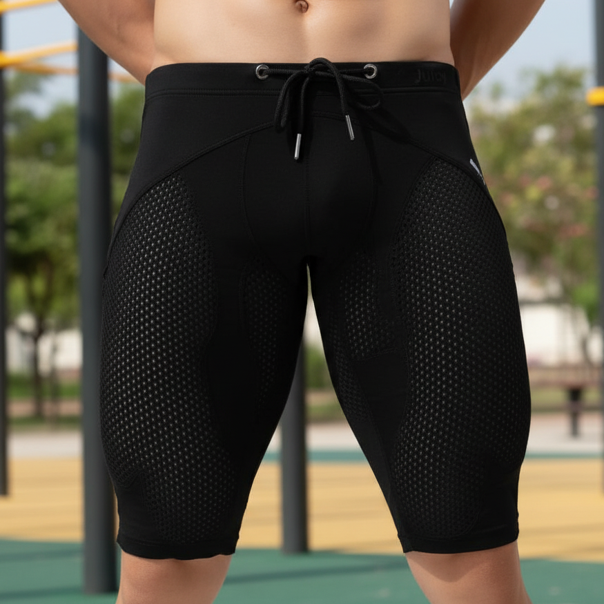 Person on sports court, hands on hips, in black Juicy Workout Shorts with mesh panels; blurred bars and trees behind