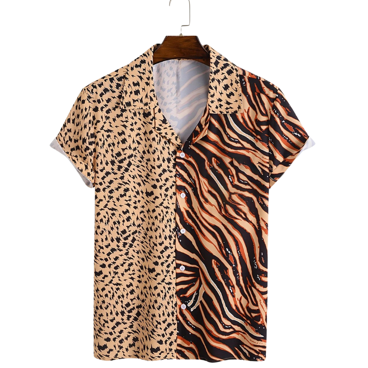 Short-sleeve button-up shirt with split leopard and tiger-stripe prints on a hanger