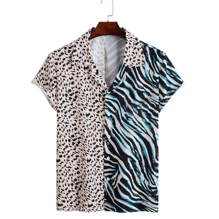 Short-sleeve button-up shirt on a hanger with split black-and-white and blue animal-print panels