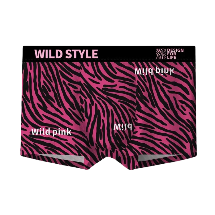 Front view of pink-and-black zebra-print boxer briefs with a black WILD STYLE waistband
