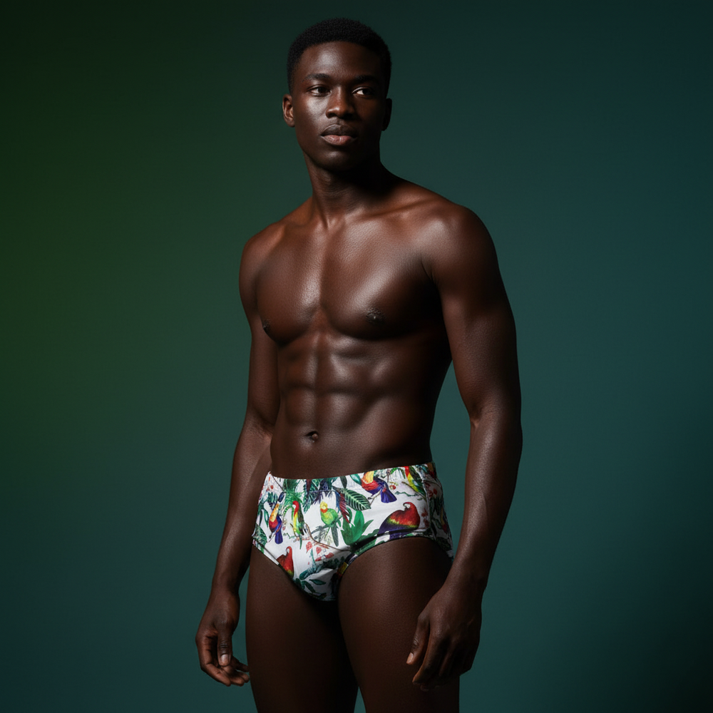 Front three-quarter view of a model wearing colorful tropical-print Brazilian swim briefs