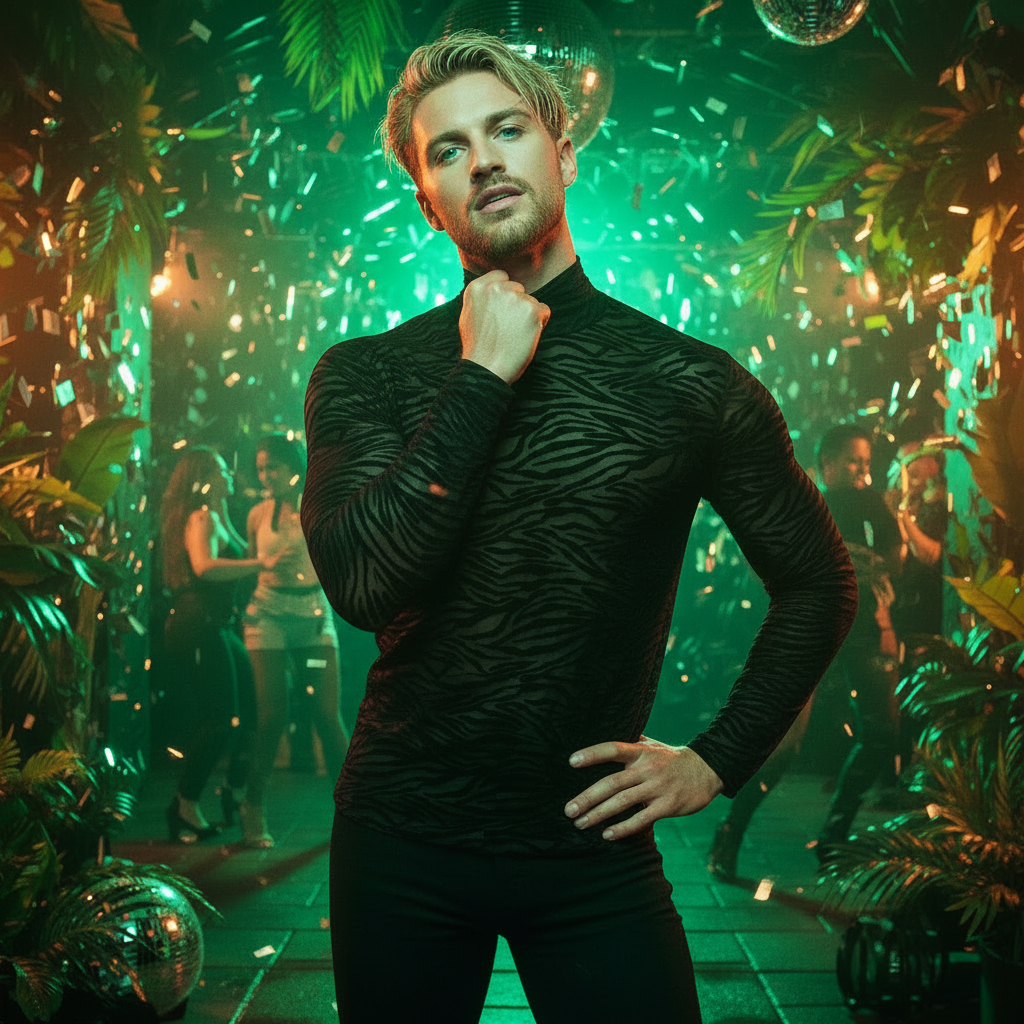 person modeling a sheer black zebra-pattern turtleneck top at a jungle-themed party