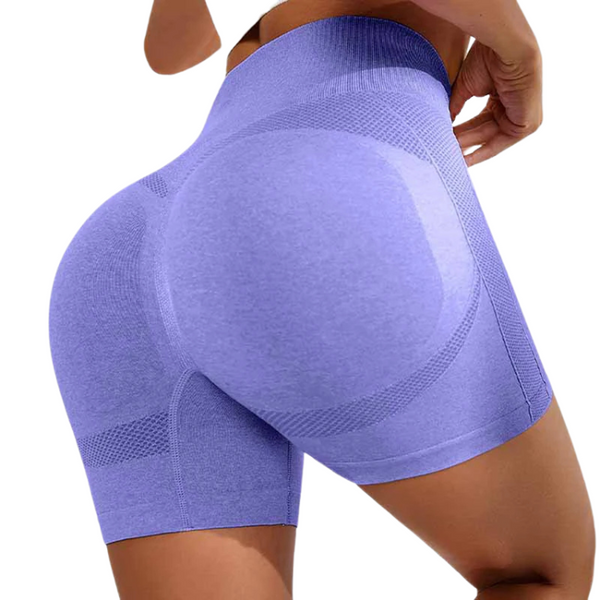 Rear close-up of a person wearing lavender high-waist shorts with darker contour panels