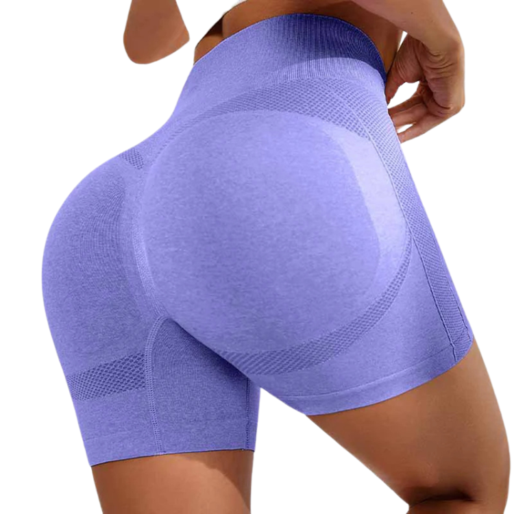 Rear close-up of a person wearing lavender high-waist shorts with darker contour panels