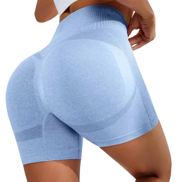 Close rear view of light-blue high-waisted shorts with mesh panels and contour seams