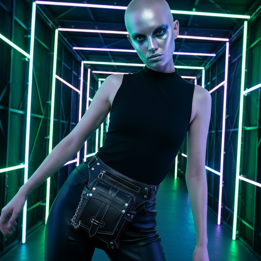 Black studded crossbody fanny pack worn at the waist in a neon-lit corridor