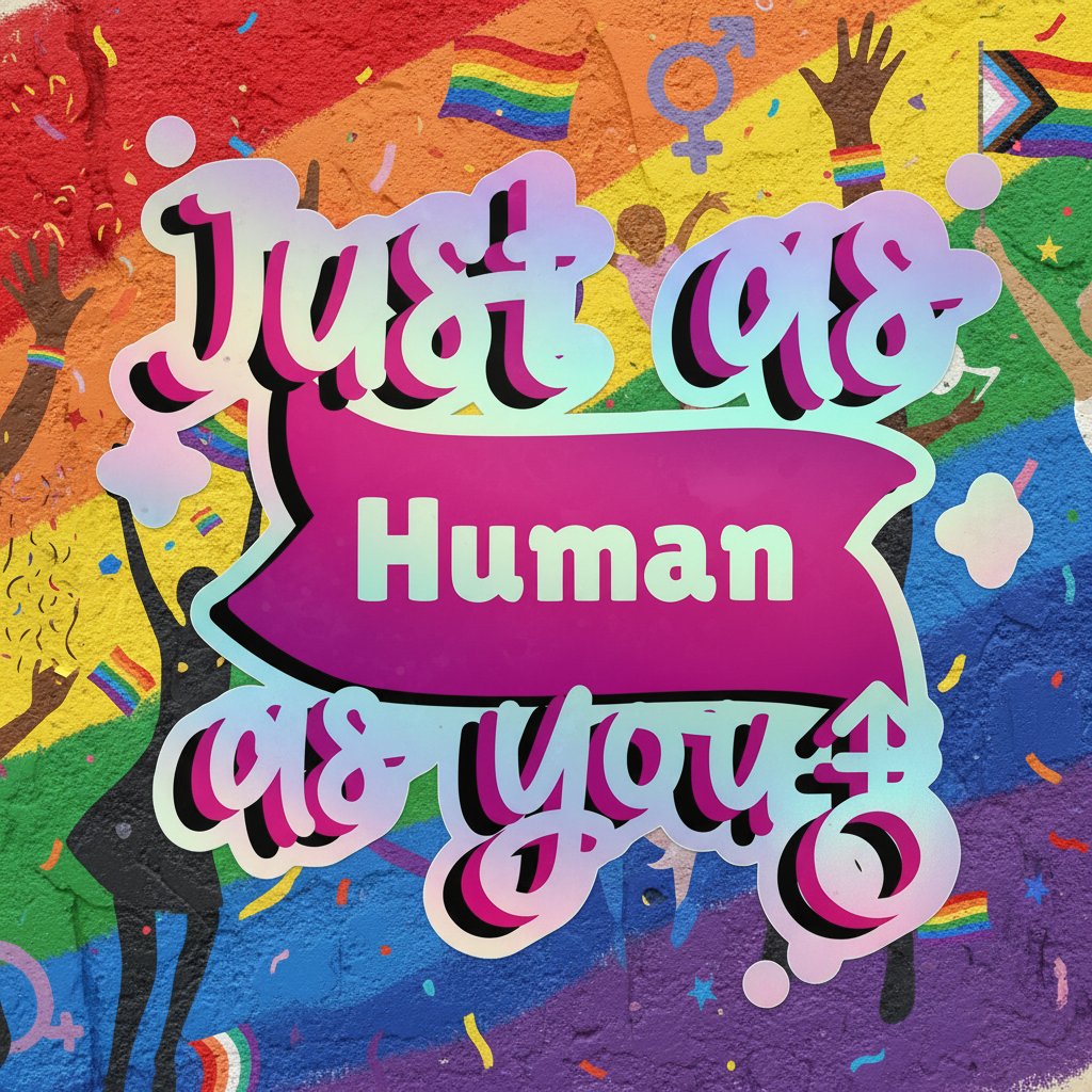 Holographic stickers and mural with a rainbow background, raised hands, pride flags, Just As Human As You