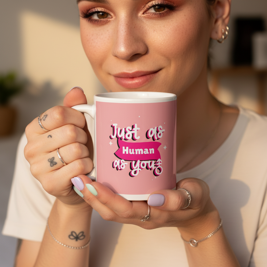 Close-up of a person holding a pink mug reading “Just as Human as You”