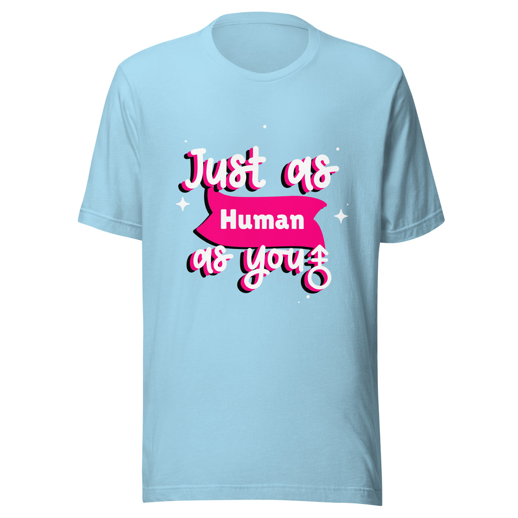 Light blue LGBT t-shirt with “Just as Human as you” in white and pink, star accents, and a ribbon backdrop—perfect for pride.