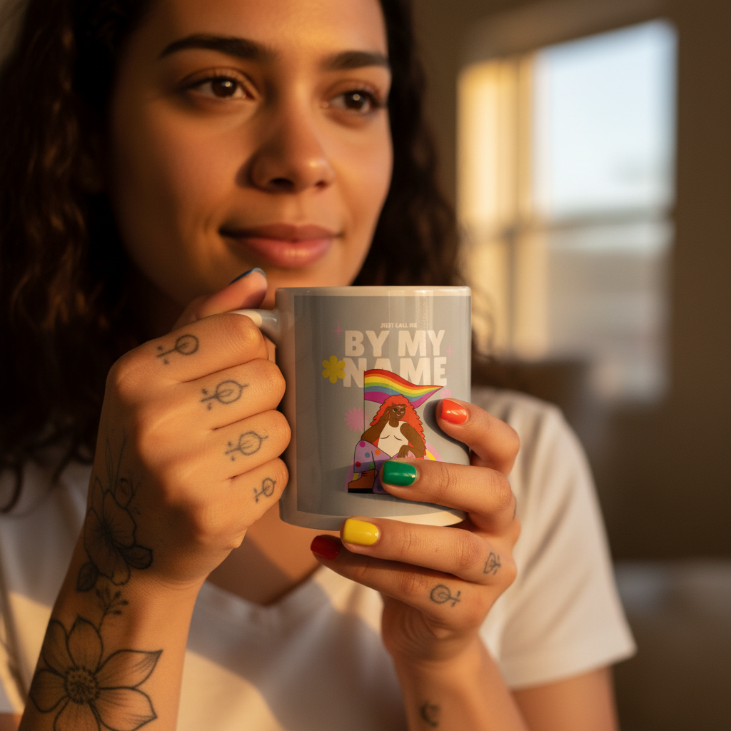 Person holds a gray mug reading “JUST CALL ME BY MY NAME,” with rainbow artwork