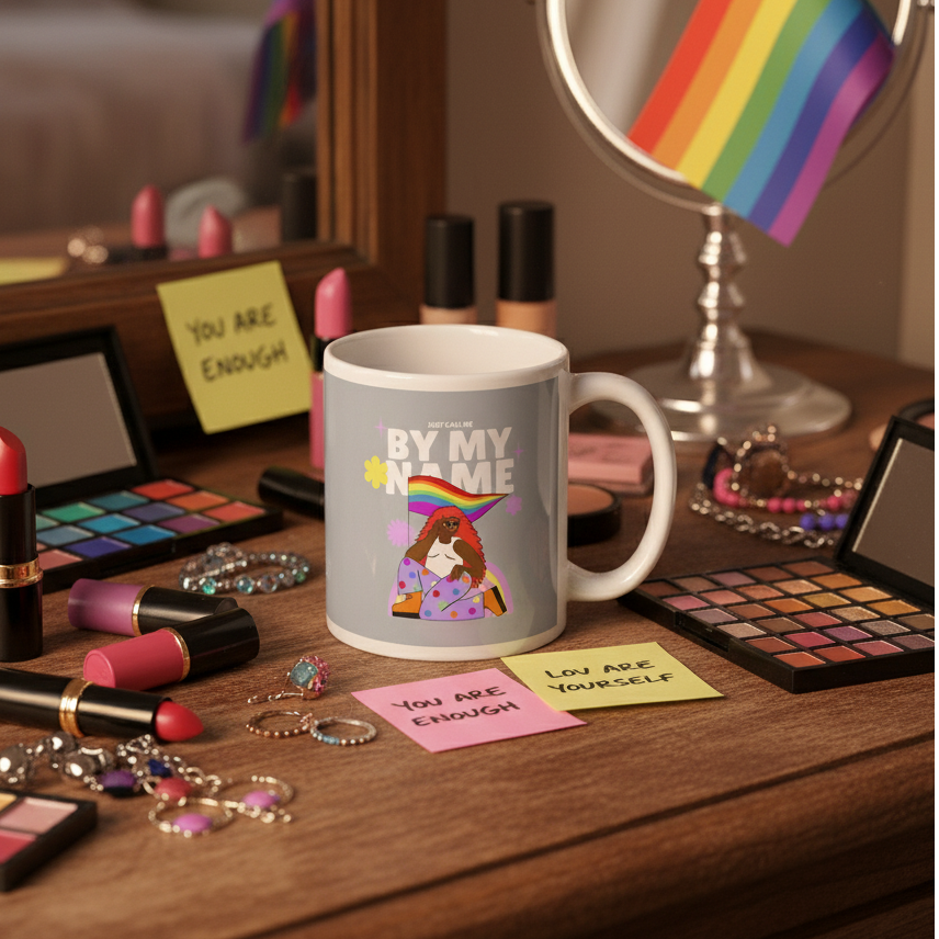 Gray mug reading “Just Call Me By My Name” beside makeup and jewelry on a vanity