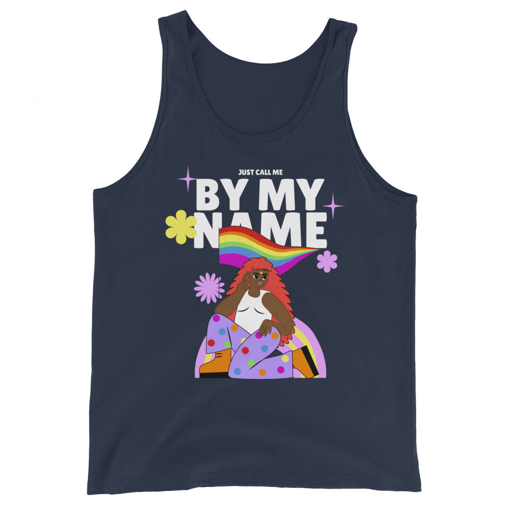 Navy tank top with “JUST CALL ME BY MY NAME” text and colorful seated figure