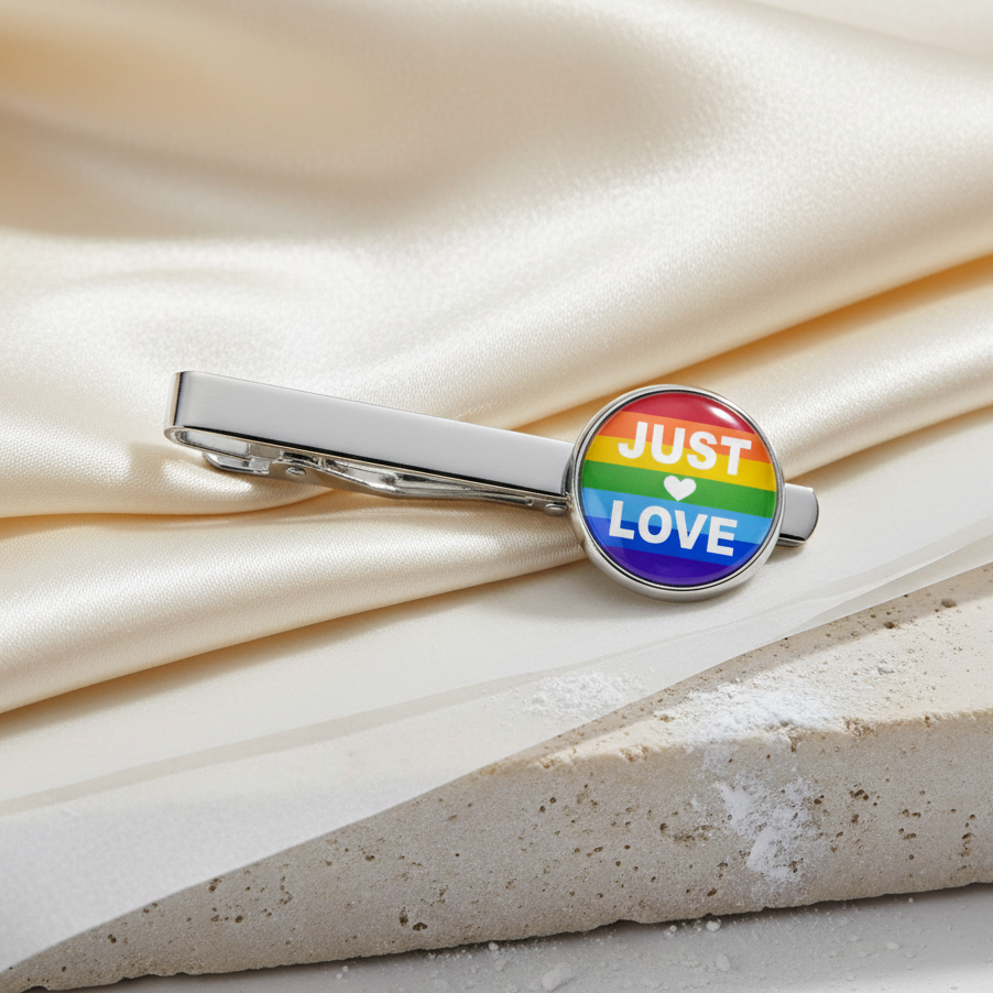 Silver tie clip with a round enamel badge of rainbow stripes and “JUST LOVE” split by a heart