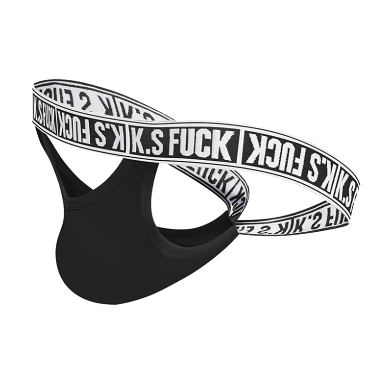 Black jockstrap with crossed white waistband printed “K.S FUCK”