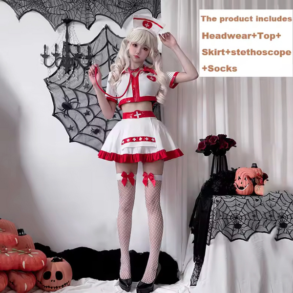 Model wearing a white-and-red nurse costume with cap, skirt, socks, and stethoscope